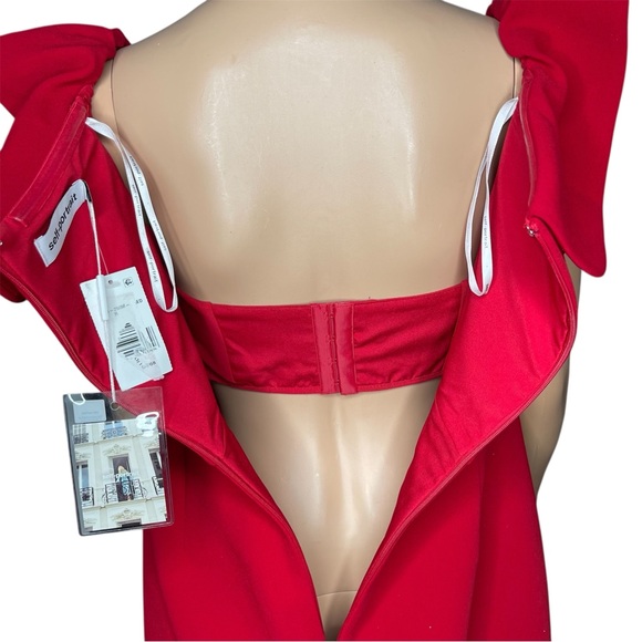 Self-Portrait Red Crepe Bow Midi Dress Size 8 NWT Off-Shoulder Side Slit - Picture 8 of 14